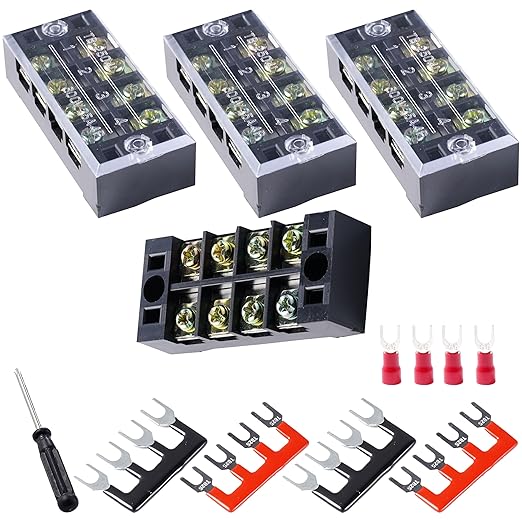 Terminal Block (4 Sets) 4Pcs 4 Positions Dual Row 600V 25A Screw Terminal Strip Blocks with Cover&4Pcs Pre-Insulated Barrier Termina Block Strip& 16Pcs Insulated Fork Wire Connector