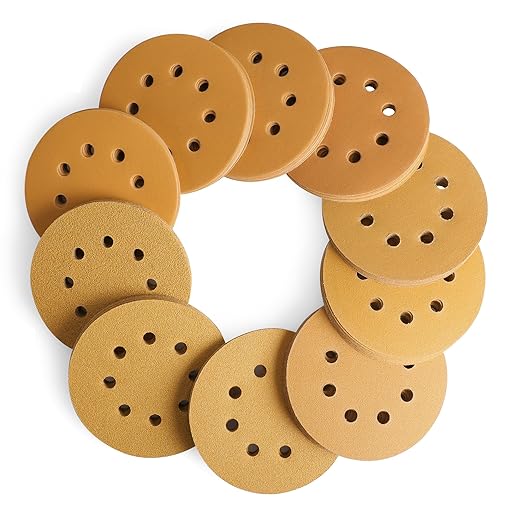WORKPRO 150-piece Premium Sanding Discs Set, 5" 8 Holes Hook and Loop Sandpaper, 60 80 100 120 150 180 240 320 400 600 Assorted Grits for Random Orbital Sander, Fits Woodworking & Metalworking, Gold