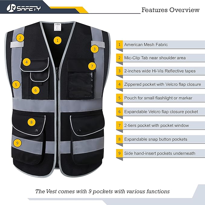 JKSafety 9 Pockets High Visibility Safety Vest for Men and Women, Hi-Vis Reflective Black Safety Vests with Zipper Front, Meet ANSI/ISEA Standards (159-Black 3XL)