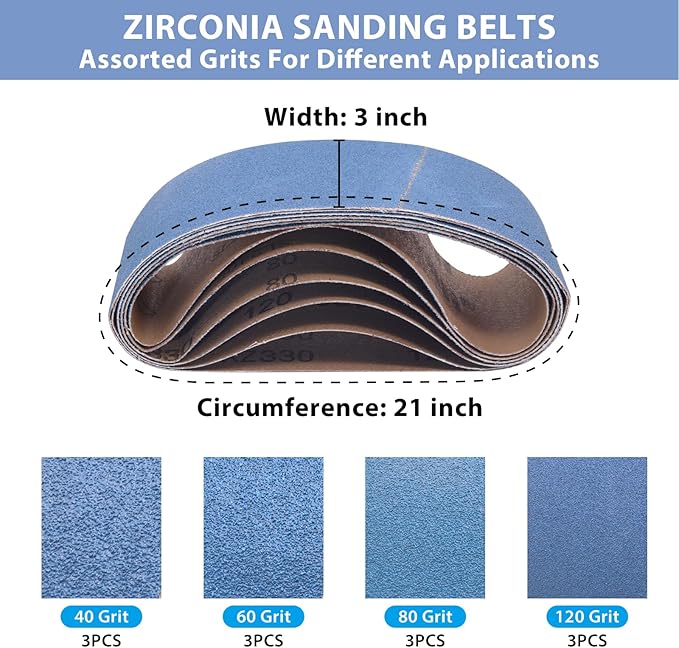 12 Pack 3 x 21 Inch Zirconia Sanding Belts, 3x21 Belt Sander Sanding Belts, 3 Each of 40/60/80/120 Grits Belt Sander Paper for Metal Wood