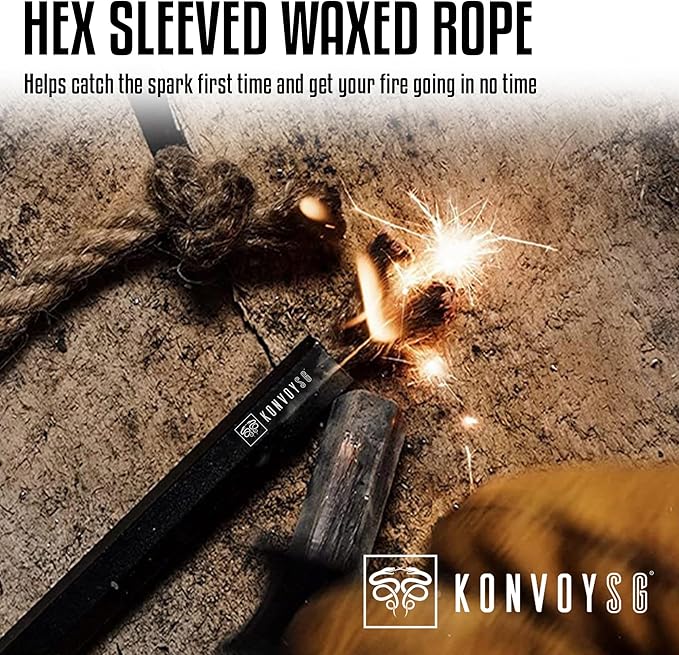 Fire Starter Survival Tool–Ferro Rod Fire Starter with 11" Waterproof Tinder Wick Rope, Multi-Tool Striker and Extra Jute Bag - All-in-One Flint and Steel Fire Starter Kit.