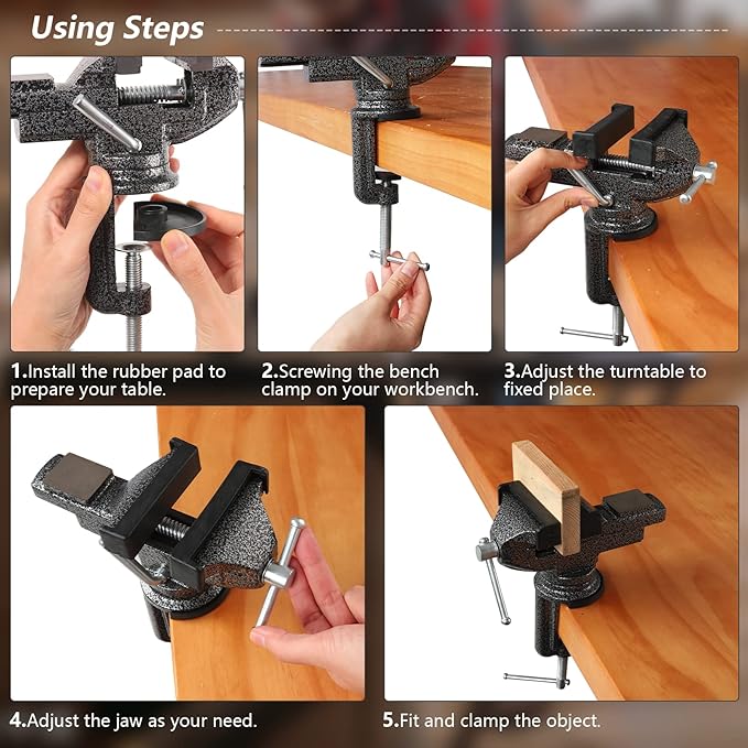 GOXAWEE Universal Bench Vise, 3.15 Inch Table Clamp, 360° Swivel Base, Small Home Vice, Clamp-on Tool for Woodworking, Cutting Conduit, Small DIY Projects, Craft Creation, Sculpting and Modeling