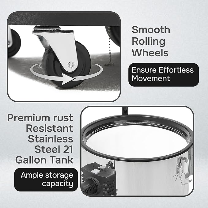 21 Gallon 8.5 Peak HP Wet/Dry Vacuum, Stainless Steel Tank, 2 in 1 Function Portable Shop Vacuum with Attachments, Built-in Drain Ideal for Jobsite, Garage & Workshop.