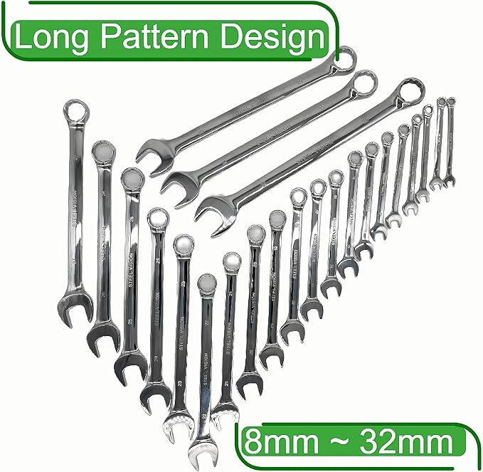 SteelVision 23pc (8mm~32MM) Top Tier Quality Combination Wrench Set, 12 Point. Long Pattern, Metric -Premium Heavy Duty CR-V Steel - Mirror Polishing Anti Rust Finish - Organizer Bag (23 pc)