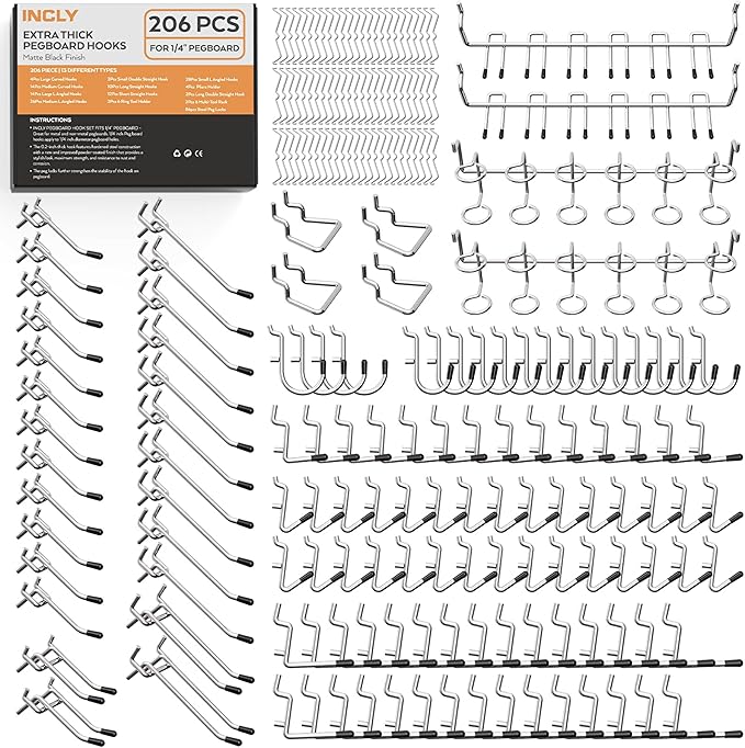 INCLY 1/4" Pegboard Hooks Set for Hanging Tools, 206PCS Heavy Duty Peg Hook Hanger & Holder Only Fit 1/4 Inch Pegboard for Craft Assortment Garage Organizer Bins Attachment Peg Board Accessories