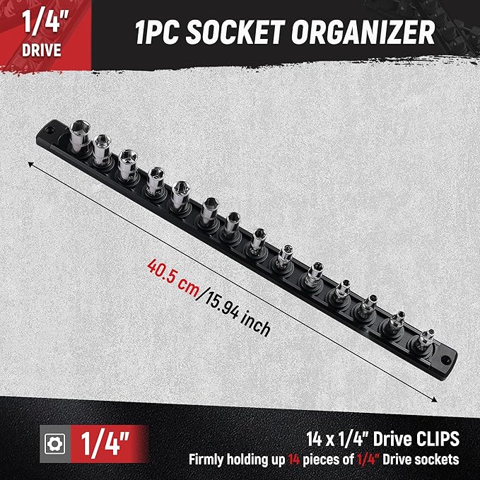 ALOANES Magnetic Socket Organizer, 1/4-Inch Drive Aluminum Socket Holder Socket Tray, Heavy Duty Socket Rail Organizer for Tool Box Drawer, 360°Swivel Clips Socket Rack 1/4-Inch x 14 Clips (Black)