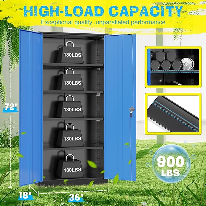 Pataku Metal Storage Cabinet, 72" Garage Cabinet with Doors and Shelves Lockable Steel Multifunctional Cabinets, File Cabinets for Home, Office, Warehouse(Black Blue)