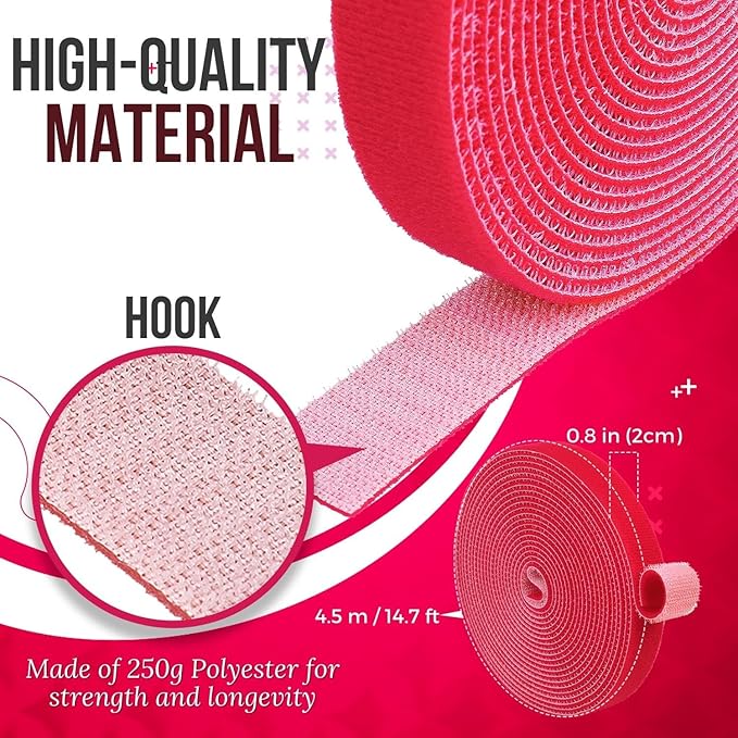 TNP Hook and Loop Tape Strap Cable Ties Fastener (Red) (15 Feet) - Sticky Self Adhesive Nylon Fabric Roll Wrap 0.75" Wide 5 Yards Reusable for Cutting Custom Length Cord Wire Fastening