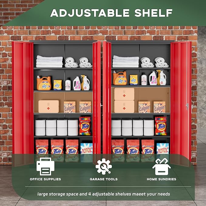 Greenvelly Metal Garage Storage Cabinet, 72" Black Red Tool Steel Locking Cabinets with Doors and 4 Shelves, Tall Cabinets for Garage Storage Systems Lockable File Cabinet for Home Office,Garage