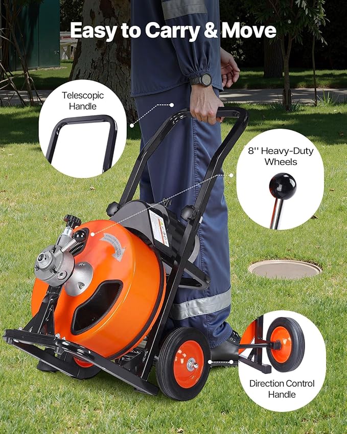 VEVOR Drain Cleaning Machine 100FT x 3/8 Inch, Sewer Snake Machine Auto Feed, Drain Auger Cleaner with 4 Cutter & Air-Activated Foot Switch for 2" to 4" Pipes, Orange, Black
