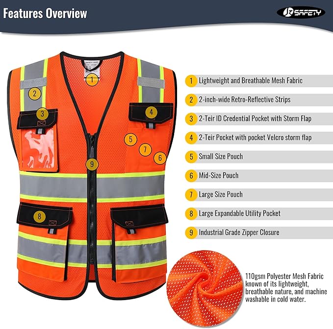 JKSafety Hi Vis Reflective Safety Vests for Men Women High Visibility Vest with Pockets Mesh Fabric Construction Safety Apparel Neon Vest for Work (220-Orange 3XL)