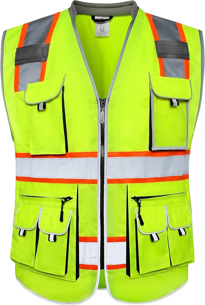 JKSafety 10 Pockets Class 2 Hi-Vis Zipper Front Yellow Safety Vest | Cushioned Collar | High Reflective Tapes with Extended Neon Orange Strips | Meets ANSI/ISEA Standards (Medium, 89-Yellow)