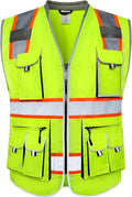 JKSafety 10 Pockets Class 2 Hi-Vis Zipper Front Yellow Safety Vest | Cushioned Collar | High Reflective Tapes with Extended Neon Orange Strips | Meets ANSI/ISEA Standards (Medium, 89-Yellow)