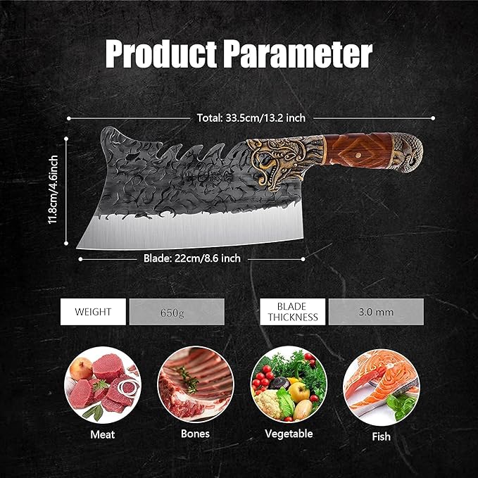 ROCOCO Cleaver Knife Meat Cutting Heavy Duty Bone Butcher Chopper Large Hand Forged Chinese Dragon Viking Cutter for Kitchen Outdoor with Sheath Birthday Father Mother Christmas Gift Men 8.6"