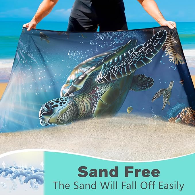 Sea Turtle Beach Towel Oversized 36" x 72", Thin Lightweight Sand Free Quick Dry Microfiber Towel for Swimming Pool Cruise Camping Travel