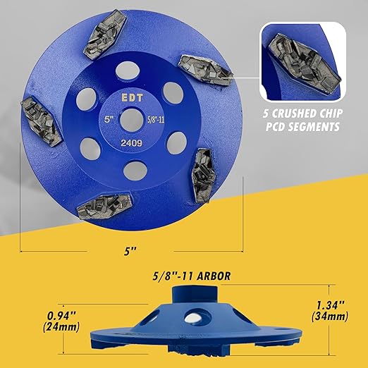 5" PCD Grinding Wheel for Epoxy, Glue, Mastic and Paint, 5 Crushed Chip PCD Segments, 5/8"-11 Threaded Arbor