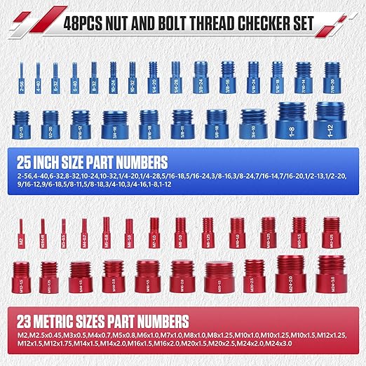 48Pcs Nut and Bolt Thread Checker Kit (25 Standard & 23 Metric), Detachable Bolt Size for Narrow and Tricky Spaces with Sturdy Case ScrewThread Gauge