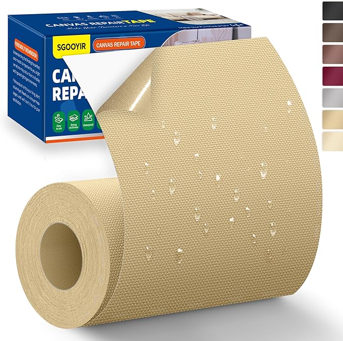 Self-Adhesive Canvas Repair Tape, 4" x 79" Waterproof Canvas Repair Patch, Fabric Patch Repairs Kit for Furniture, Tents, Sunbrellas, Boat Covers Awnings, Couches, Clothes, Bags Beige