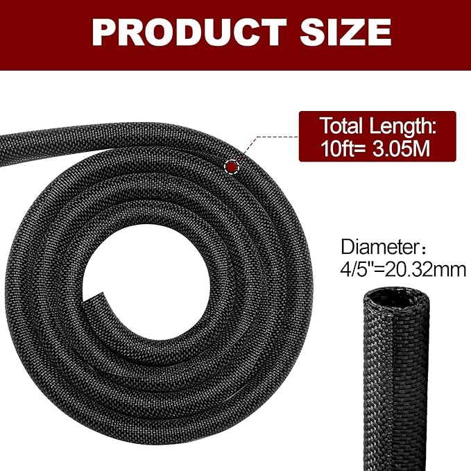 Automotive Wire Loom High Temperature Braided Wire Loom, Split-Sleeve Heat Resistant Wiring Loom Cord Cover for Harness Wires, Self-Wrapping Heavy Duty Sheathing Cable Management Black（10ft-4/5inch ）