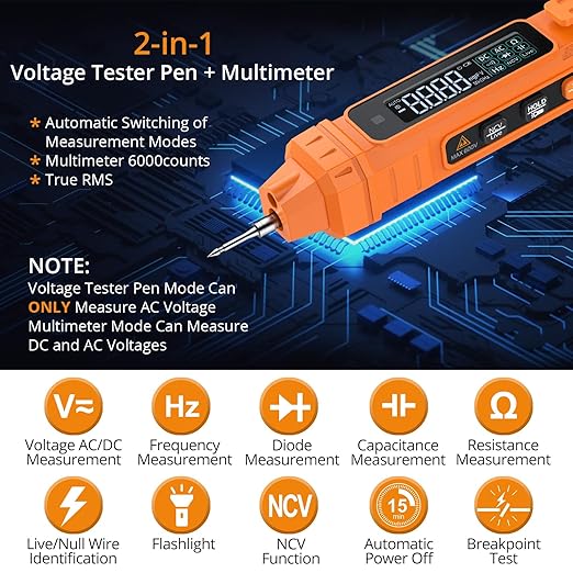 Neoteck 2 in 1 Pen Type Digital Multimeter Non-Contact Voltage Tester 6000 Counts Intelligent Multimeter with LCD Display for AC/DC Voltage Resistance Diode Continuity Capacitance Frequency-Orange