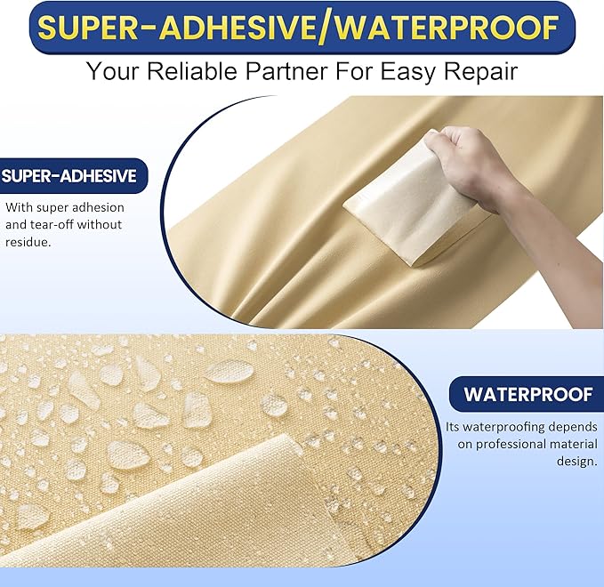 Self-Adhesive Canvas Repair Tape, 16" x 40" Waterproof Canvas Repair Patch, Fabric Patch Repairs Kit for Furniture, Tents, Sunbrellas, Boat Covers Awnings, Couches, Clothes, Bags Beige-Yellow