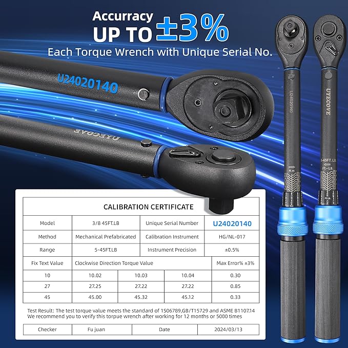 3/8-Inch Drive Click Torque Wrench, Dual-Direction Click Professional Torque Wrench 5-45FT.LB/6.8-61N.M, Dual Range Scales Graduated in FT.LB and N.M, Blue