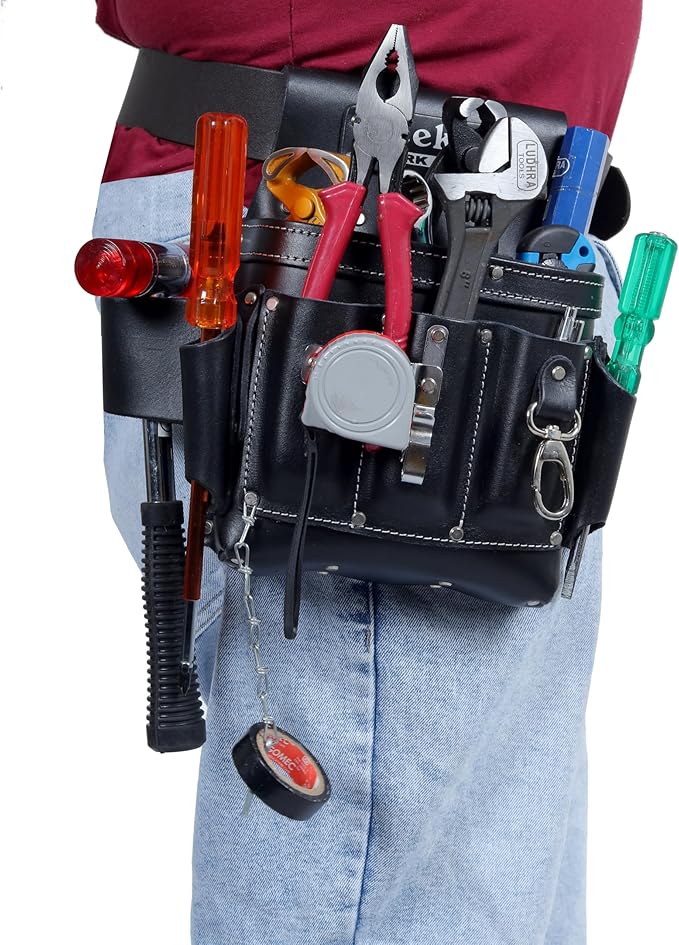 VEEKAY Electrician's Leather Tool Pouch – 10 Pocket Full Grain Leather Organizer for Electricians, Carpenters & Construction Workers – Durable, Heavy-Duty Utility Pouch (Brown/Black)