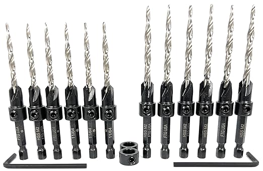 FTG USA Countersink Drill Bit Set 6 Pc #8 (11/64"), 6 Pc #10 (3/16") Tapered Countersink Bit, Stop Collar, Hex Wrench, Woodworking Countersink Drill Bits