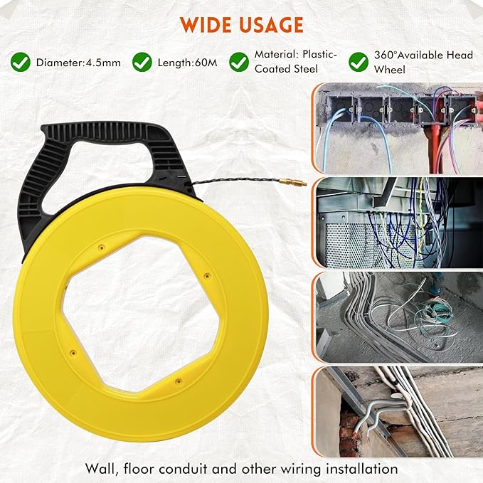 Fish Tape Wire Puller- Fiberglass Fish Tape Cable Puller Kit 164FT 3.5mm PET Wire Pulling Tools- Cable Pulling Aid Including 5 Adapters