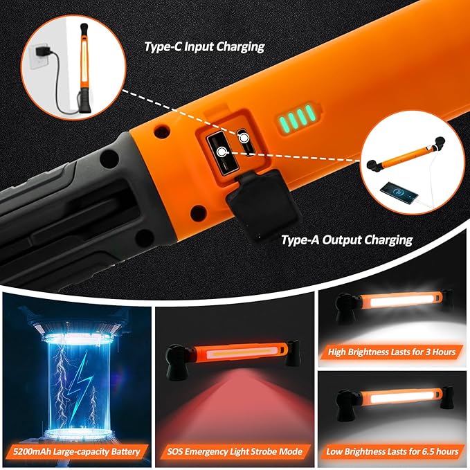Portable 3000LM LED Work Light, Rechargeable Magnetic Underhood Light with Hooks and Power Output, Ideal for Garage, Workshop