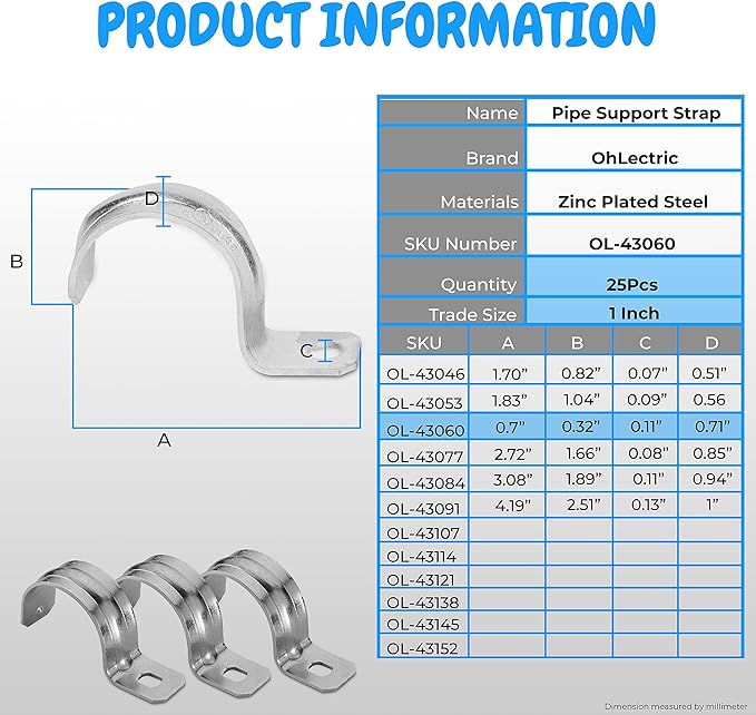 OhLectric 1 Hole 1 Inch Pipe Strap - Reinforced Rib for Extra Strength - Zinc-Plated Steel Pipe Strap Clamp for Rigid & IMC Conduit - Snap-On Installation - Pack of 25; OL-43060