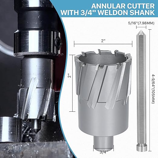 KEENTECH Carbide-Tipped Annular Cutter, 2" Diameter x 2" Depth, 3/4" Weldon Shank (2 Flat), High Speed Cutting TCT Mag Drill Bit with Pilot Pin for Harder Material, Stainless Steel, Cast Iron