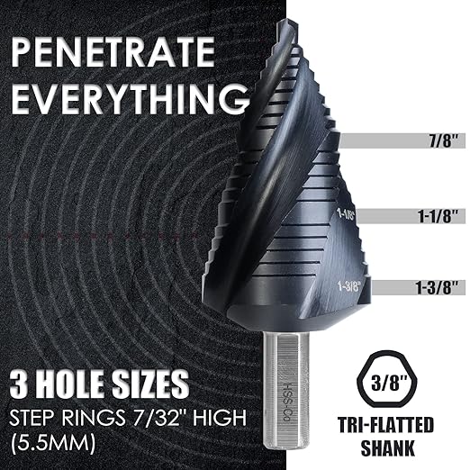 M35 Cobalt Step Drill Bit, Four Spiral Flute Unibit Step Drill Bit (3/16"-1-3/8") Wear-Resistant TiAlN Coated, 3/8" Shank for Metal, Carbon Steel, Stainless Steel, Wood, Plastic (19 Size)