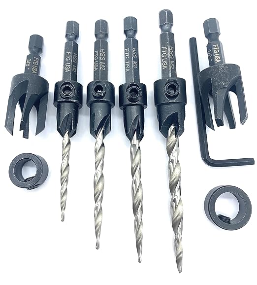 FTG USA Adjustable Wood Countersink Drill Bit Set #6#8#10#12 with Tapered Drill Bits for Woodworking
