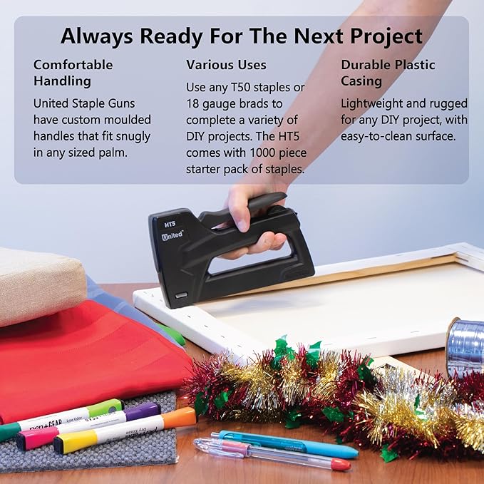 United Office Products HT5 Heavy Duty 2-in-1 Manual Staple Gun and Brad Nailer for Carpentry, Upholstery, Crafts, Professional and DIY Projects, Lightweight Plastic Body