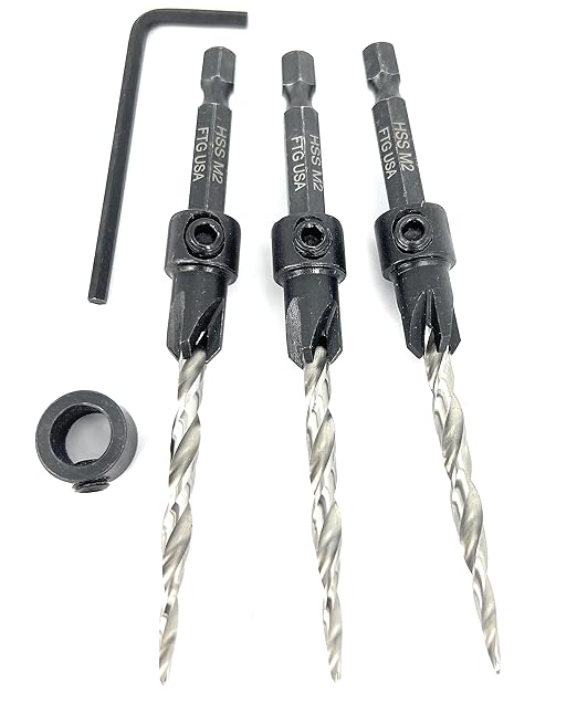 FTG USA Countersink Drill Bit Set for Wood with Tapered Drill Bit 3 Pc #10 (3/16")