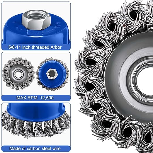 Tandefio 24 Pcs Wire Wheel Brush Wire Wheels with 5/8 -11 Threaded Arbor for 4 1/2 Angle Grinder Knotted Wire Cup Brush for Heavy Cleaning Rust Removal (Blue,3 Inch)