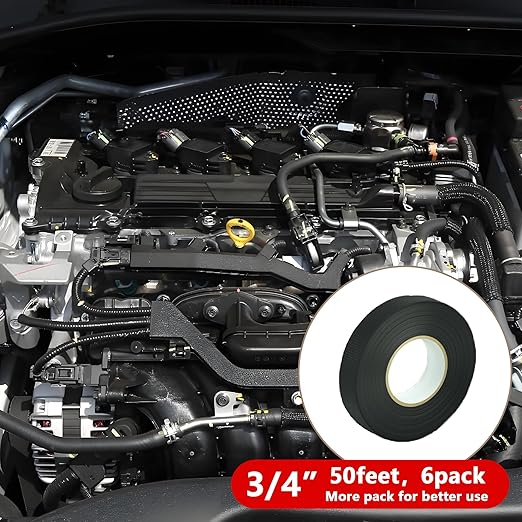SWRT Wire Harness Tape, 3/4 Inch × 50 Feet, 6 Packs (300 Feet Total), Self-Adhesive Black Cloth Electrical Tape for Automotive Use, High Temperature Resistance Felt Tape.