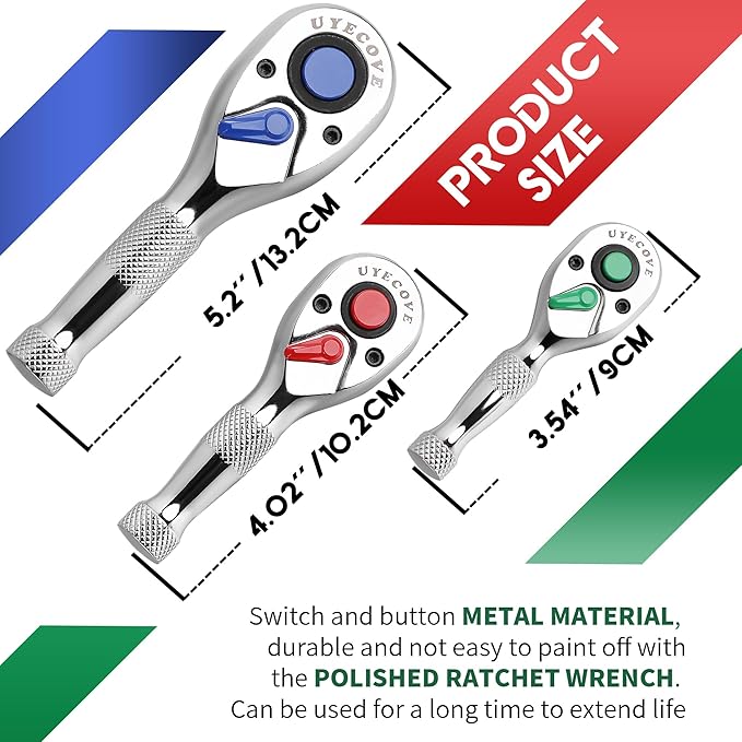 Ratchet Set 3PCs-1/4 Drive Ratchet, 3/8" Drive Ratchet, 1/2" Drive Ratchet, Ratchet Set-Colorful Stubby Ratchet Wrench Set 72-Tooth Small Ratchet Set with IXPE Storage Tray