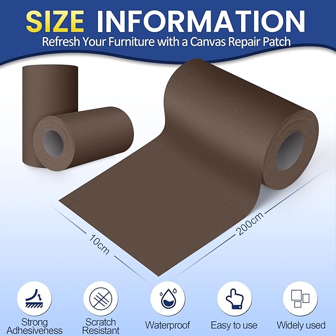 Self-Adhesive Canvas Repair Tape, 4" x 79" Waterproof Canvas Repair Patch, Fabric Patch Repairs Kit for Furniture, Tents, Sunbrellas, Boat Covers Awnings, Couches, Clothes, Bags Darker Brown