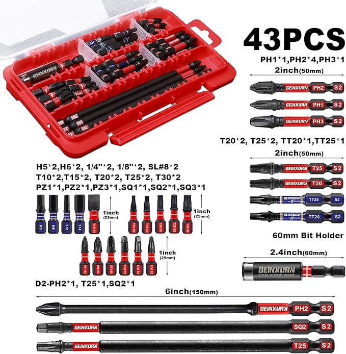 43pieces Screwdriver Bits Set, Impact Magnetic S2 Steel Multi Insert Power Bits Tips with Impact Bit Holder and Two Storage Box（PH/TORX/SQ/PZ/HEX/SL）