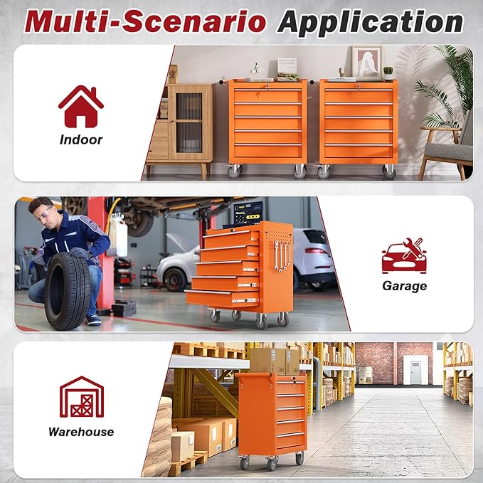 Rolling Tool Chest with Drawers, 5 Drawers Tool Chests & Cabinets, Metal Toolbox with Wheels, Lockable Storage Cabinet, Garage Tool Box with Drawers (Orange, 5 Drawers)