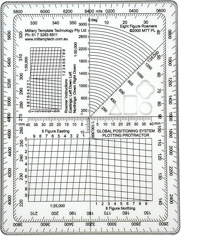 GPS Plotting Protractor for Military map Marking, Angle Measurements and GPS Accurate map Plotting for Outdoor Navigation, Hiking, Orienteering and Survival.