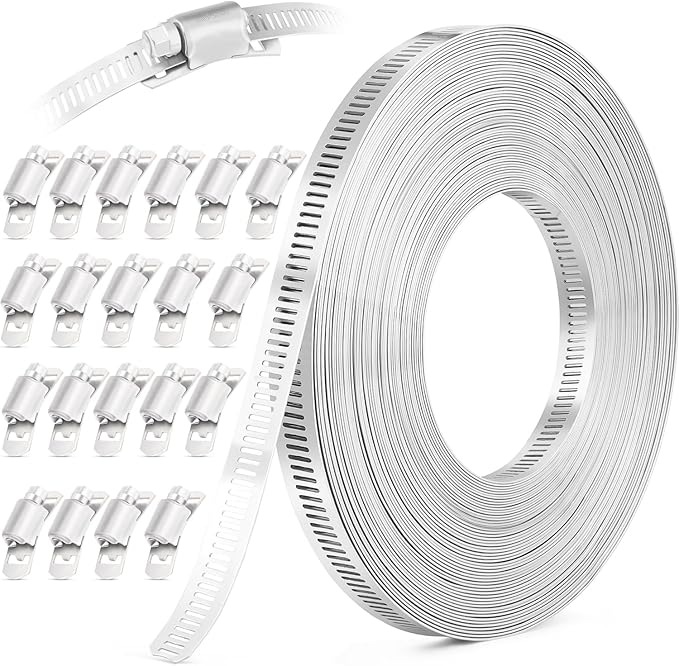 50FT Hose Clamps,304 Stainless Steel Hose Clamp Assortment Kit DIY Metal Strapping with Holes+20 Fasteners,Adjustable Worm Gear Large Hose Clamps Metal Band Screw Clamp Straps for Pipe,Duct,Tube