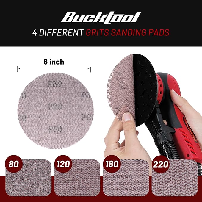 Bucktool 3.0 Amp 6 Inch Orbital Sander Brushless Motor, 4000-10000 Variable Speed, 5mm Orbit Diameter, with Precision Dust Control & 4 Sanding Pads