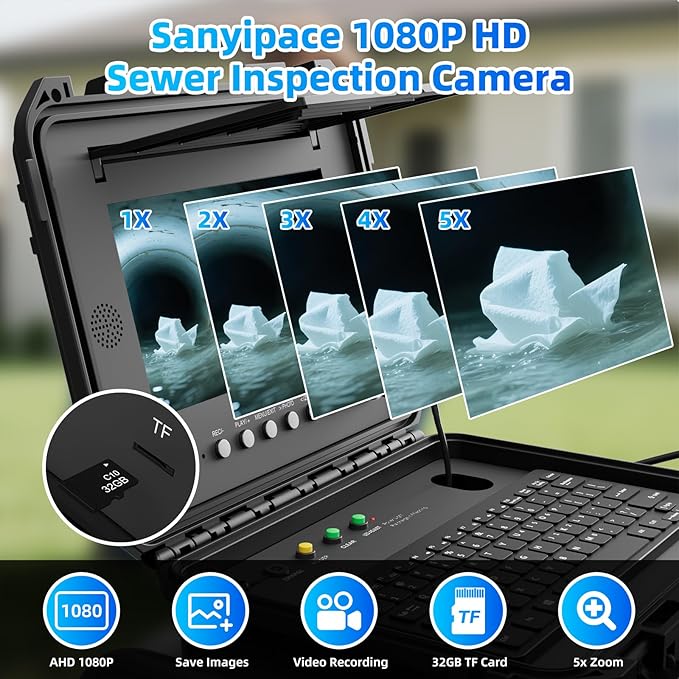 Sanyipace Sewer Camera Self-Leveling 100FT/30M, Drain Camera with 512Hz Transmitter, Meter Counter, Pipe Inspection Cámara with Microphone Speaker DVR Recorder, 32GB TF Card, Guide Wheel (7mm Cable)