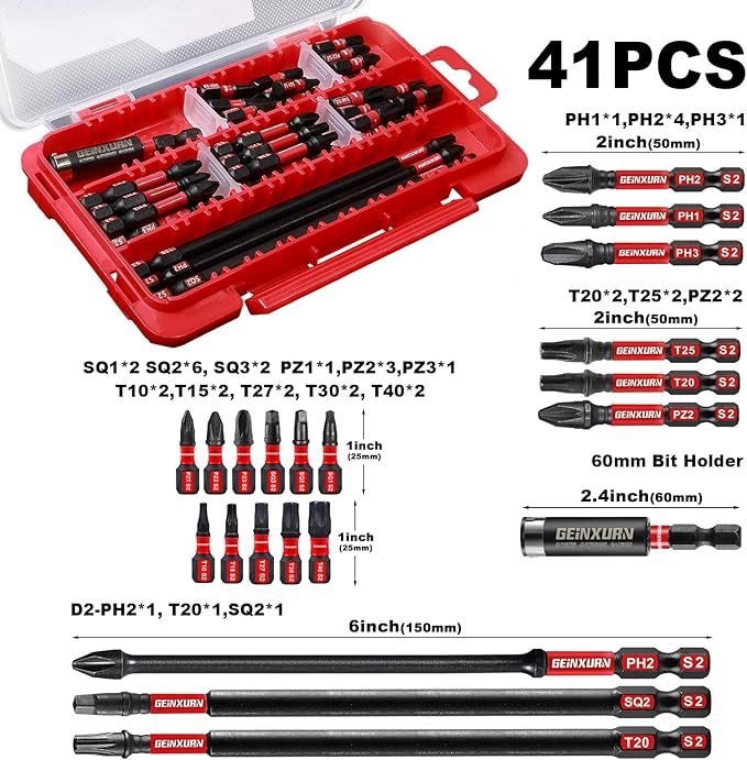 41pieces Screwdriver Bits Set, Impact Magnetic S2 Steel Multi Insert Power Bits Tips with Impact Bit Holder with Storage Box（PH/TORX/SQ/PZ）