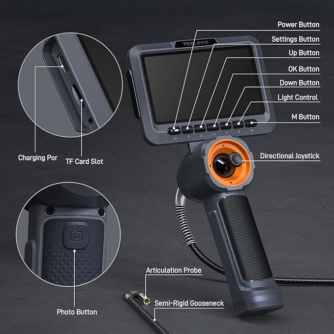 Teslong 360 Articulating Borescope with Light, 5'' Monitor Industrial Inspection Camera with 4-Way Joystick Articulation, HD Endoscope Camera for Automotive, Pipes, and Mechanics (0.24inch-5FT)