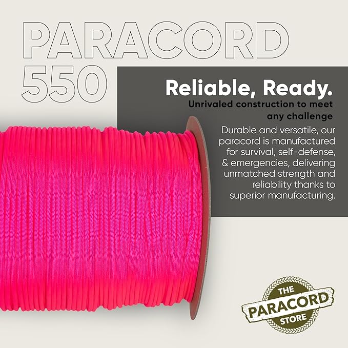 The Paracord Store | Type III 550 Paracord - 1000 FT Spool, Neon Pink | Heavy Duty 7 Strand Tactical Paracord - USA Made Nylon Outdoor Parachute Cord for Camping, Fishing & More - Survival Cord