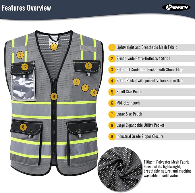 JKSafety Hi Vis Reflective Safety Vests for Men Women High Visibility Vest with Pockets Mesh Fabric Construction Safety Apparel Neon Vest for Work (220-Grey 5XL)